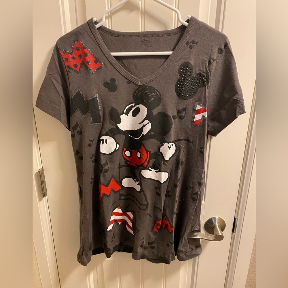 Disney Store XL Top Ladies Mickey Mouse Gray Glitter Shirt V-neck T-shirt
